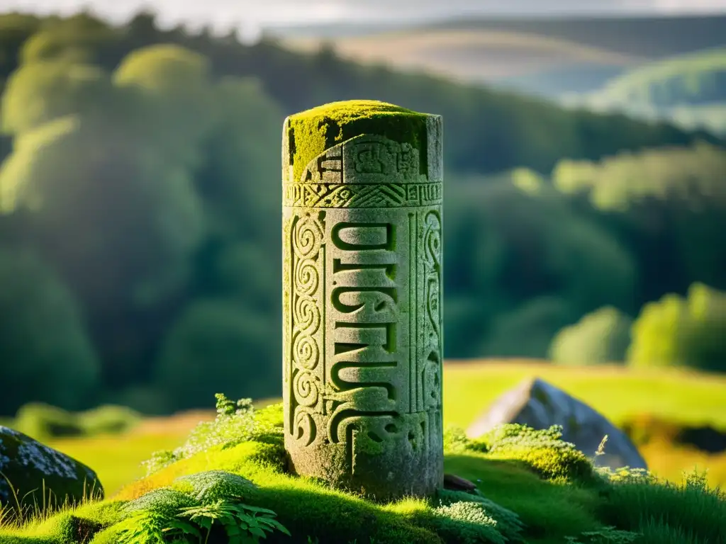 Certificación escritura antigua irlandesa: Pilar de piedra cubierto de musgo en paisaje verde, con ogham tallado y luz cálida entre árboles