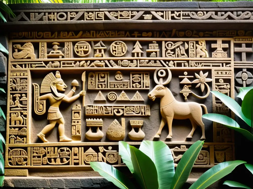 Escritura Náhuatl en Arquitectura Prehispánica: Intrincada talla de jeroglíficos en un templo prehispánico, bañada por la luz dorada y enmarcada por exuberante vegetación