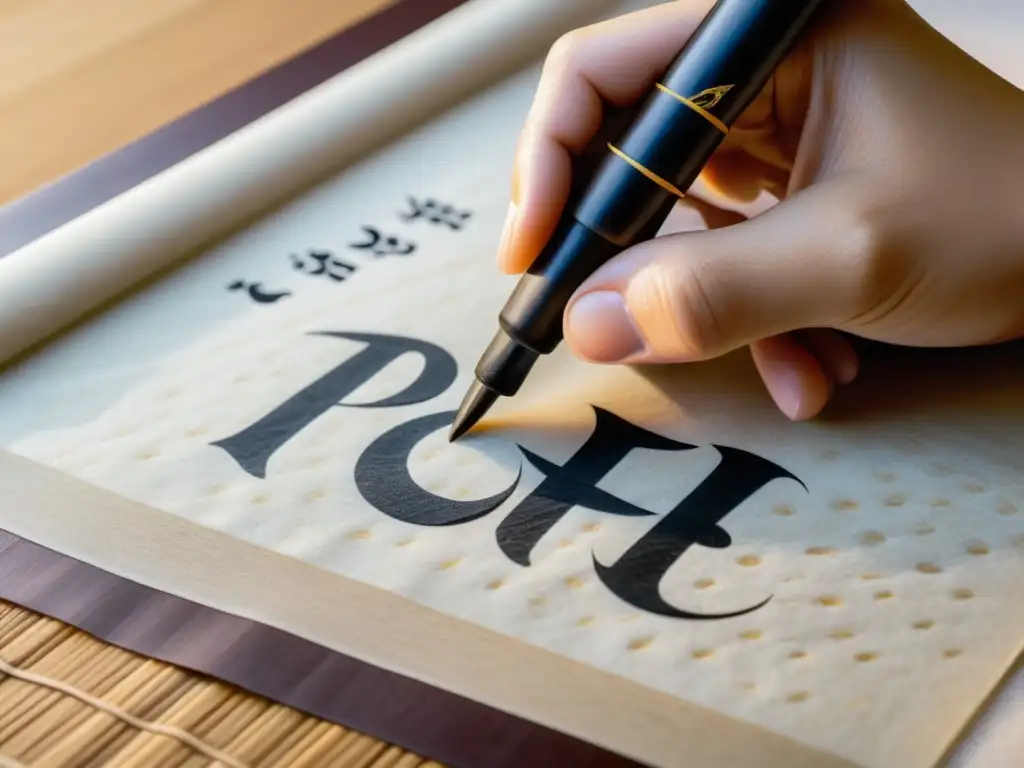 Escritura china detallada en papel de arroz con pincel delicado, mostrando la habilidad y belleza de la tradición