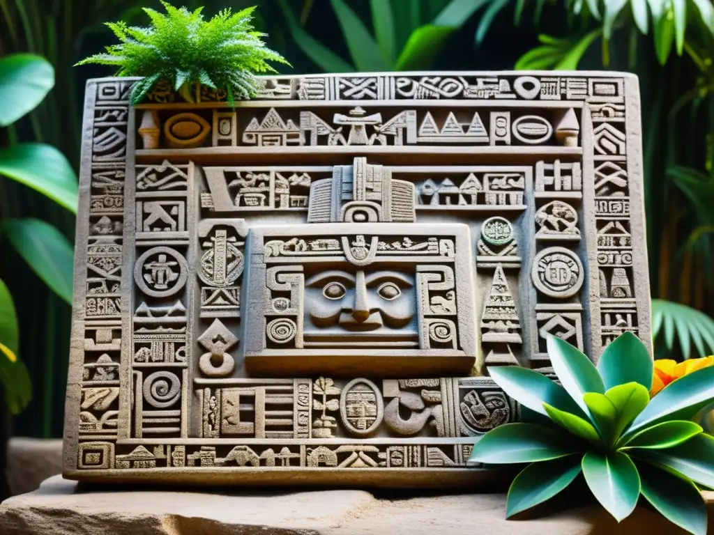 Tableta de piedra azteca: arte antiguo y naturaleza exuberante Escritura de los Aztecas: piedra con hieroglíficos y diseños intrincados, rodeada de exuberante vegetación
