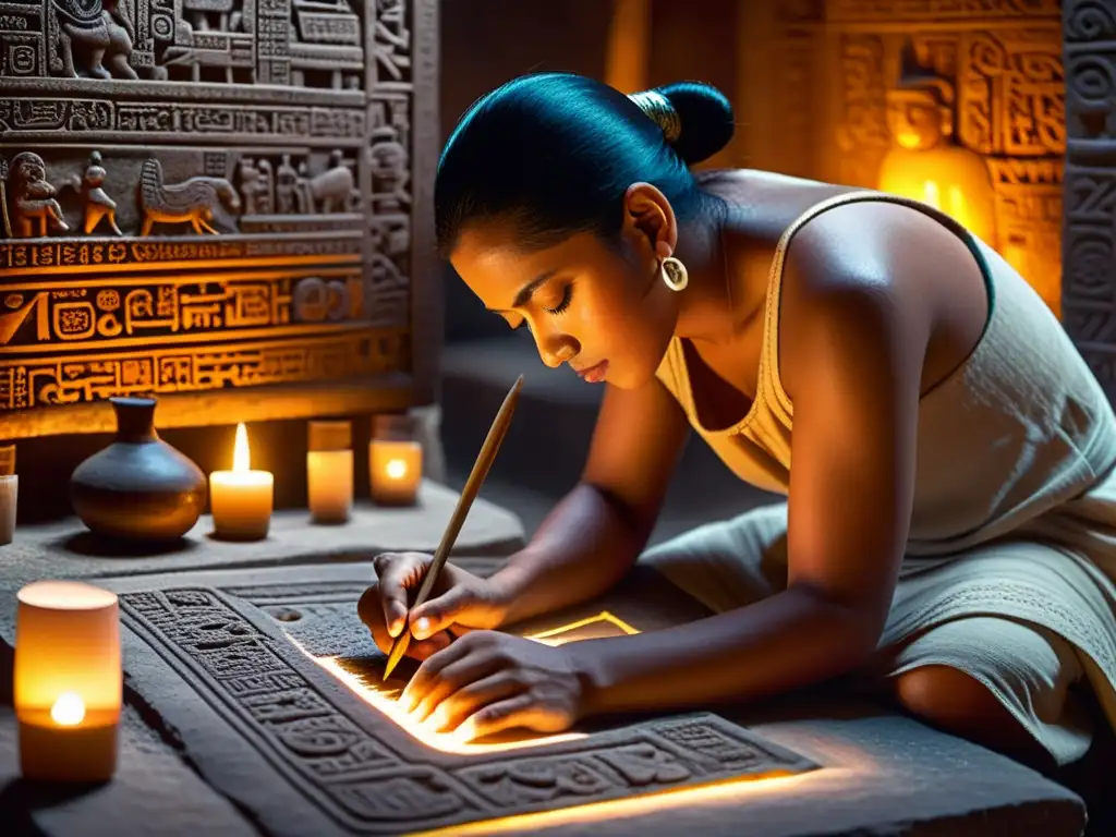 Aprendiendo escritura maya en línea: Un sacerdote maya talla glifos en una tablilla de piedra, iluminado por velas en su antiguo taller