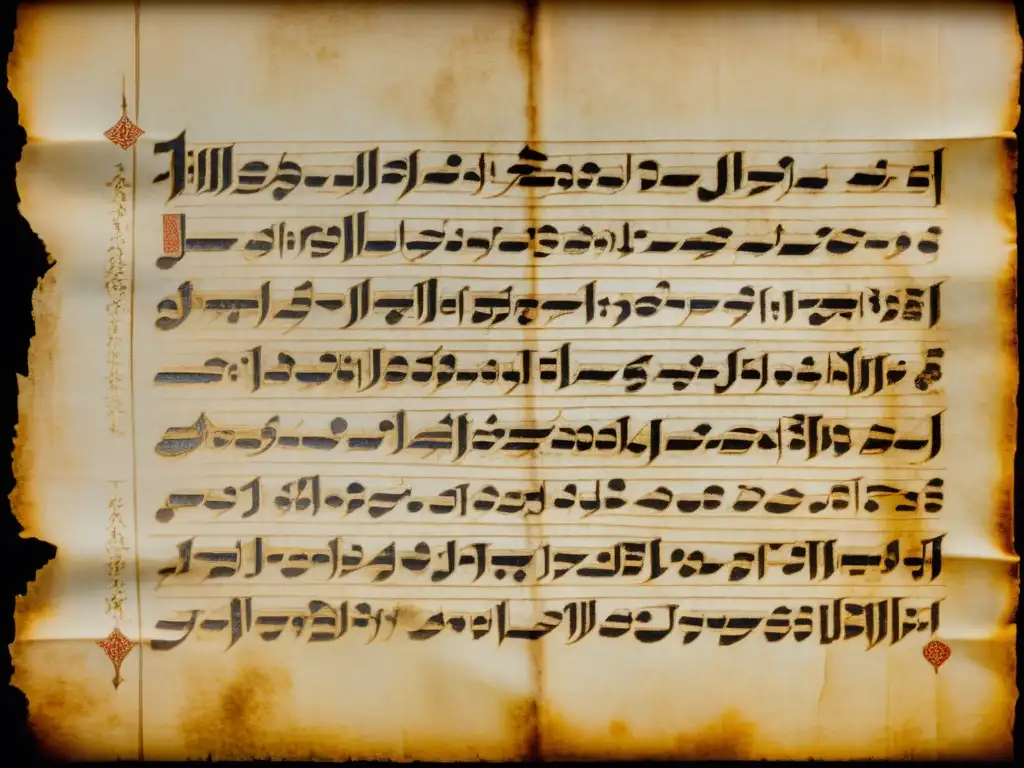Revivir escrituras antiguas con IA: Pergamino antiguo con caligrafía detallada, iluminado por cálida luz, evoca misterio y antigüedad