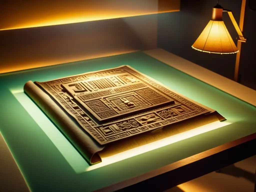 Digitalización 3D de escrituras mesoamericanas: Codex en mesa de escaneo, iluminado por lámparas vintage, rodeado de tecnología avanzada