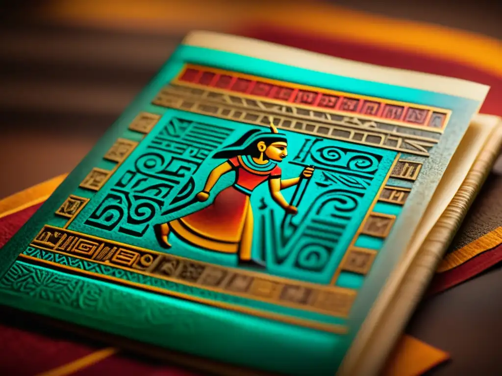 Digitalización 3D de escrituras mesoamericanas en detallado codex, evocando historia y cultura con colores vibrantes y pátina vintage