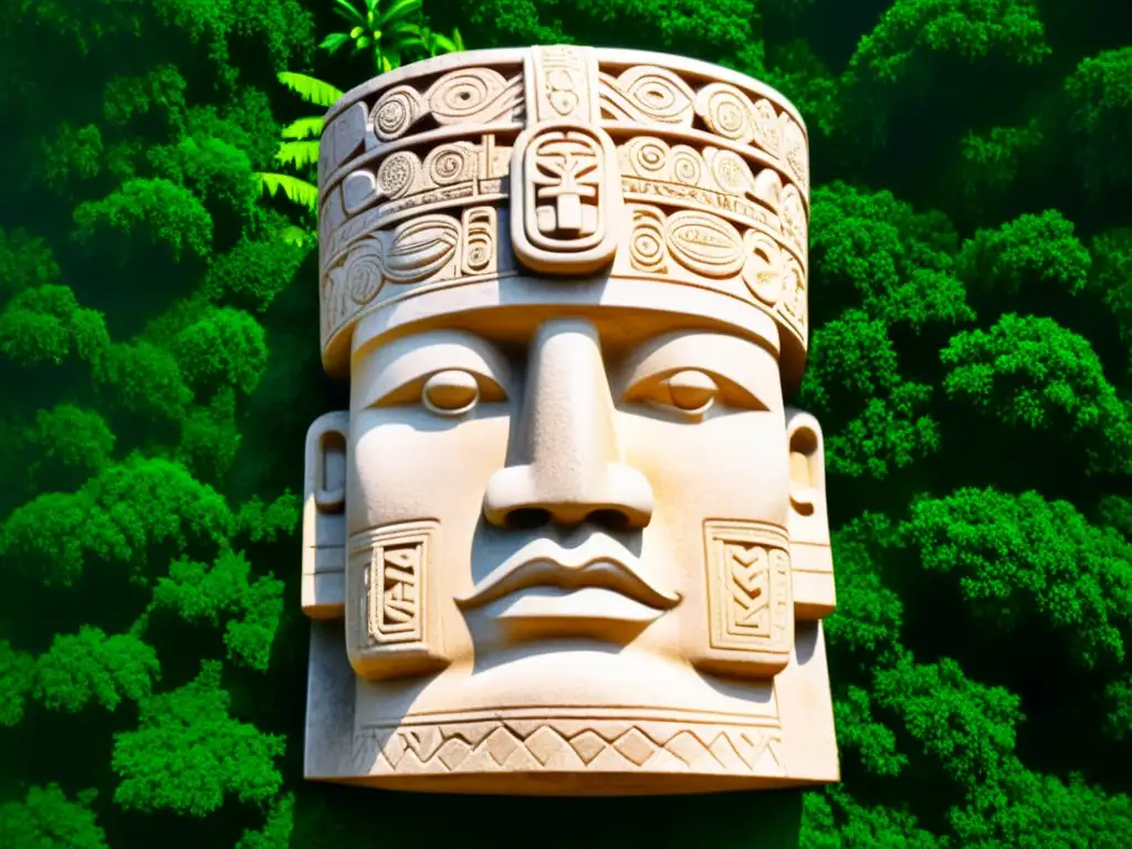 Escultura olmeca detallada con patrones e iconografía, exudando misterio y sabiduría antigua en medio de exuberante vegetación tropical