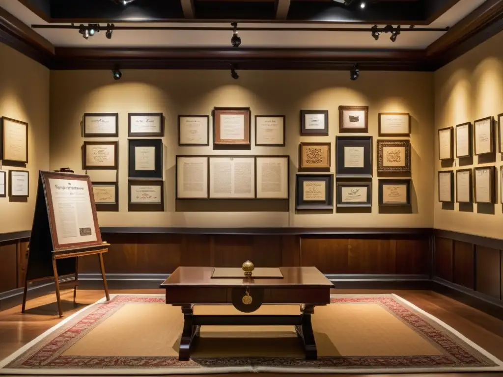 Espacio de exhibición vintage con piezas de caligrafía en elegantes atriles de madera antigua, rodeados de tapices y una cálida iluminación tenue