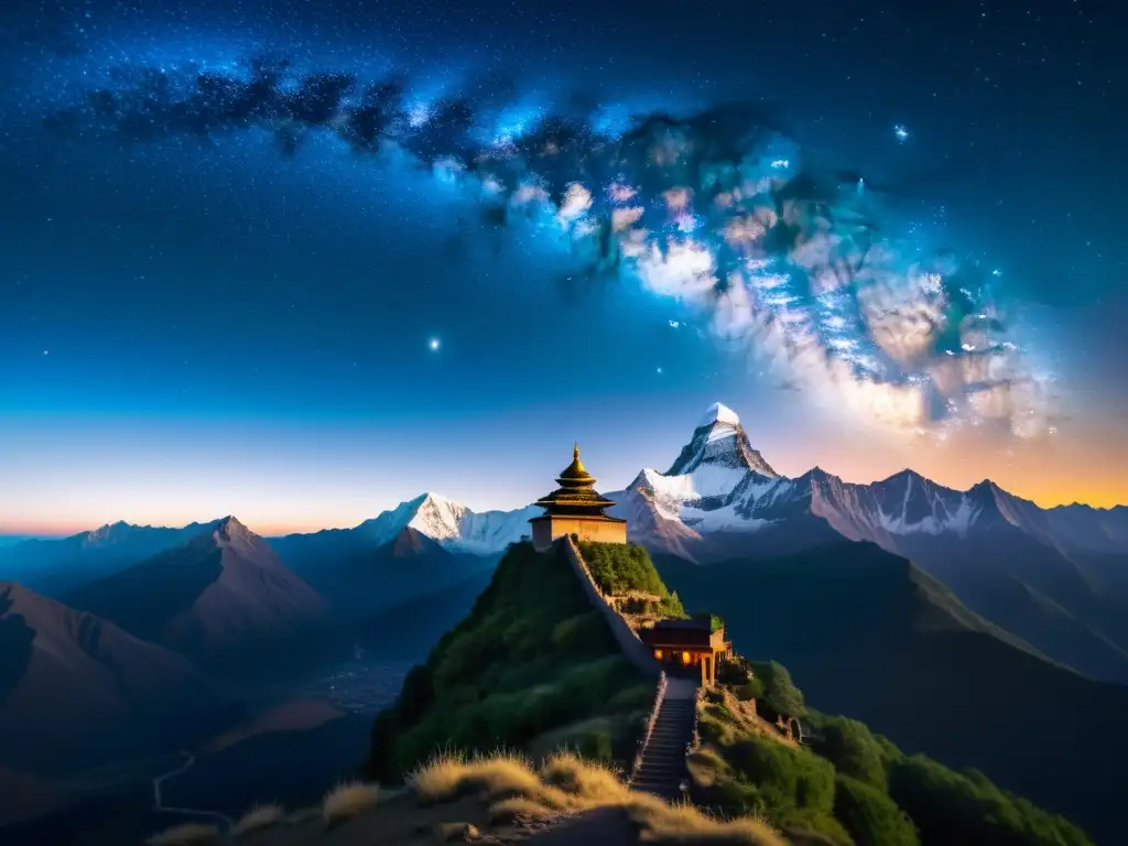 Espectacular vista nocturna del Himalaya con la Vía Láctea y antiguos templos