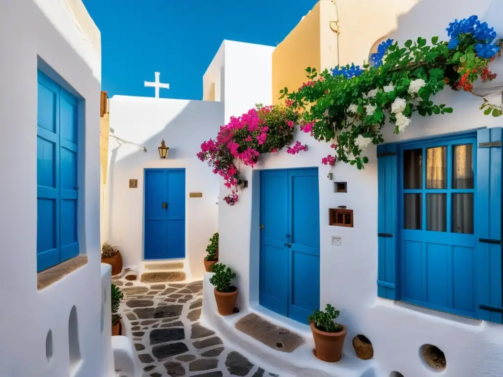 Estrecha calle empedrada en Oia, Santorini, con casas blancas y puertas azules