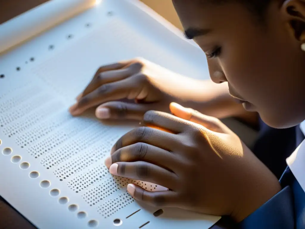 Estudiante con discapacidad visual concentrado leyendo braille, estrategias pedagógicas inclusión educativa braille