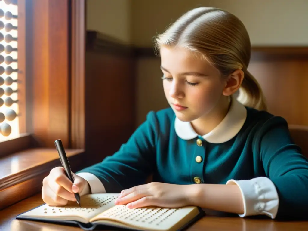 Estudiante con discapacidad visual lee un libro braille con una tablet táctil, transmitiendo determinación