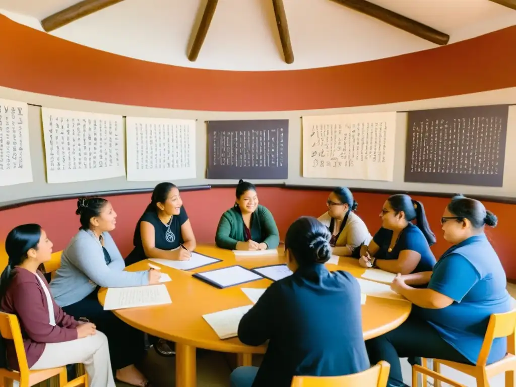 Estudiantes concentrados en un taller de escritura náhuatl contemporánea, rodeados de luz natural y caligrafía colorida