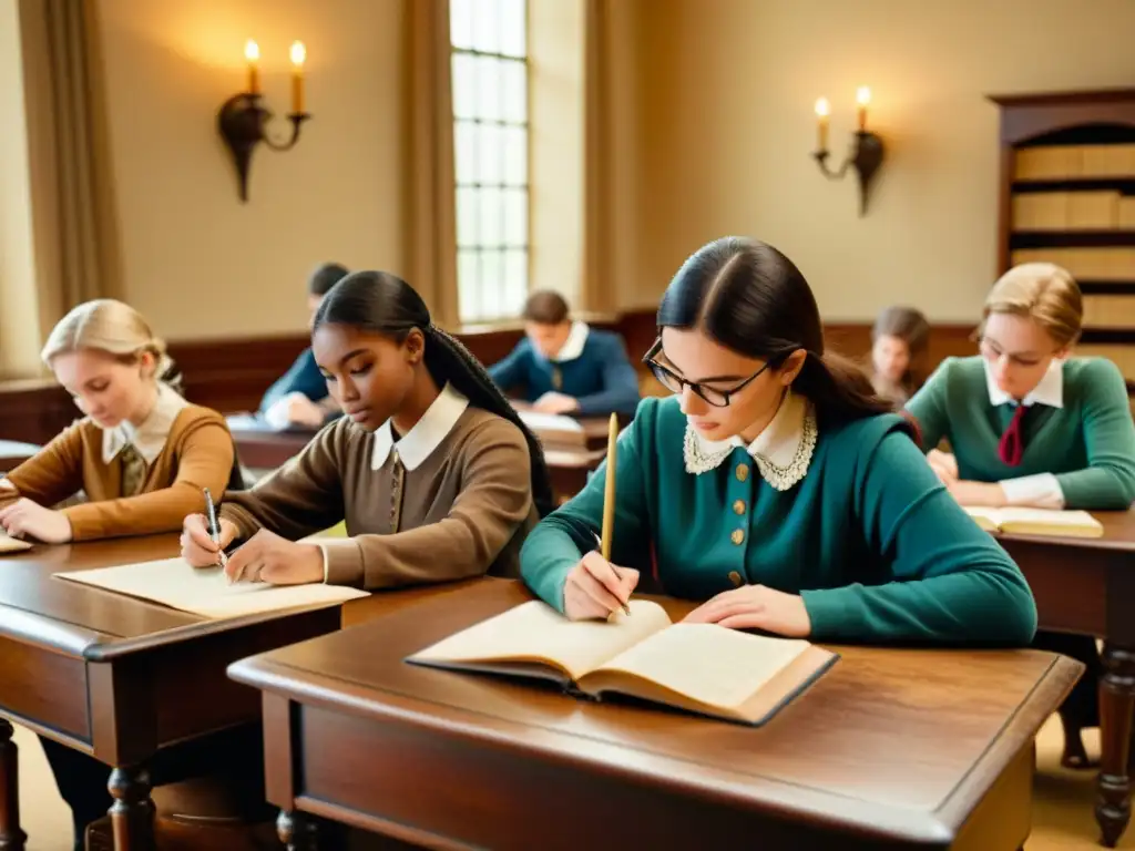 Estudiantes disfrutan de la gamificación en la enseñanza de escrituras históricas en un aula vintage con plumas y pergamino