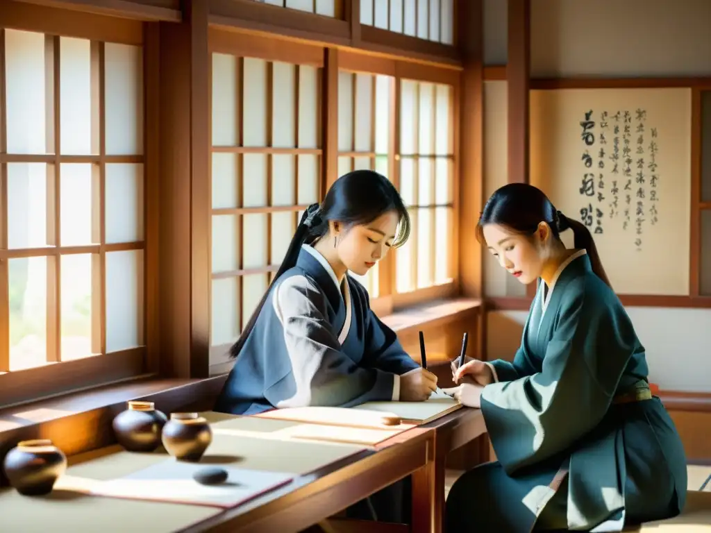 Estudiantes practican escritura Hangul en un hanok de Seúl, inmersos en la atmósfera serena y tradicional de talleres de escritura Hangul Seúl