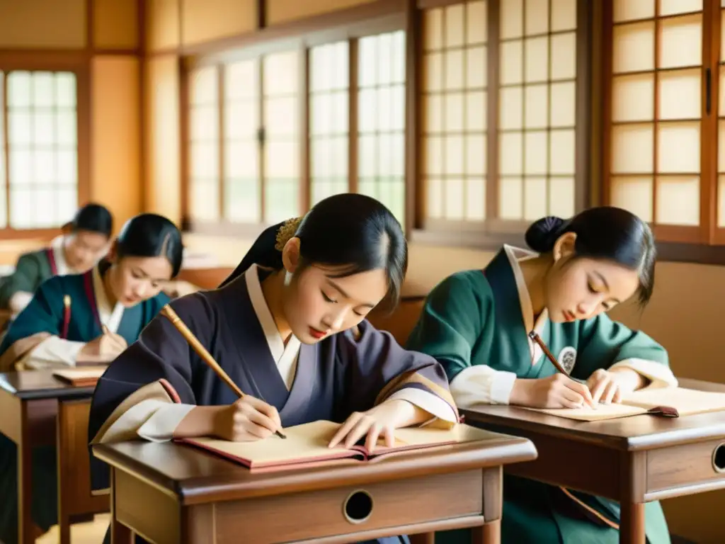 Estudiantes en hanbok practican escritura hangul con plumas de ave en aula vintage