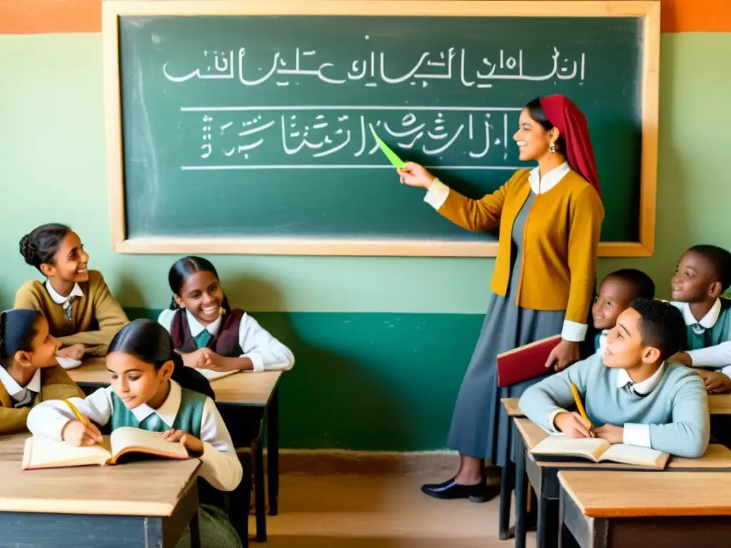Estudiantes aprendiendo escritura Tifinagh con recursos didácticos en aula cálida y acogedora