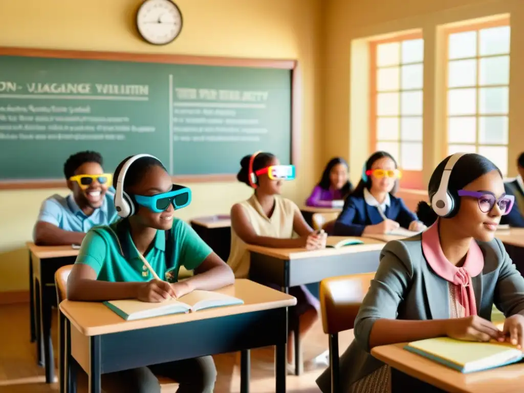 Estudiantes diversos usando herramienta didáctica realidad aumentada para aprender idiomas en aula vintage iluminada por el sol