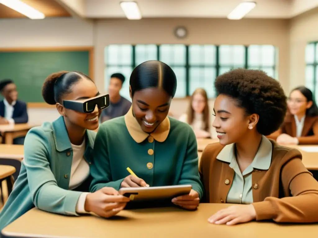 Estudiantes diversos usan herramienta didáctica de realidad aumentada para explorar la diversidad lingüística en un aula vintage