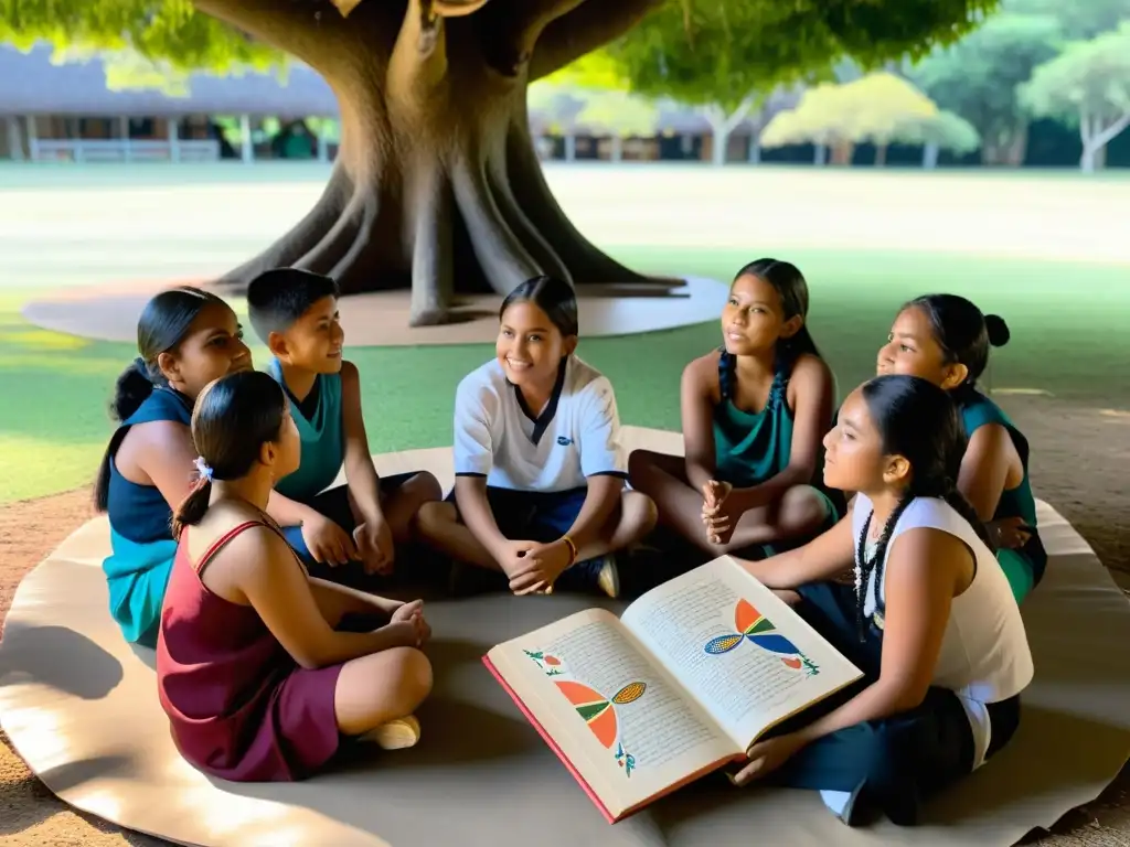 Estudiantes indígenas aprendiendo bajo un árbol, con un libro decorado, rodeados de naturaleza