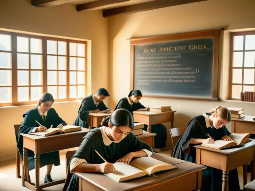 Estudiantes inmersos en el estudio del griego clásico en un aula vintage, evocando una atmósfera serena y nostálgica