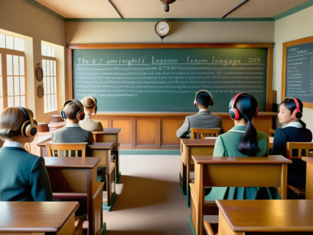 Estudiantes inmersos en experiencias con RA en idiomas extinguidos en un aula antigua con luz cálida