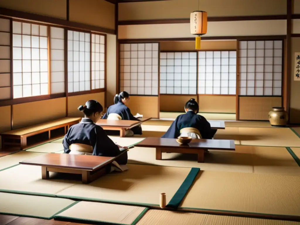 Estudiantes japoneses practican caligrafía con silabario japonés Kana en una aula vintage llena de kits educativos tradicionales