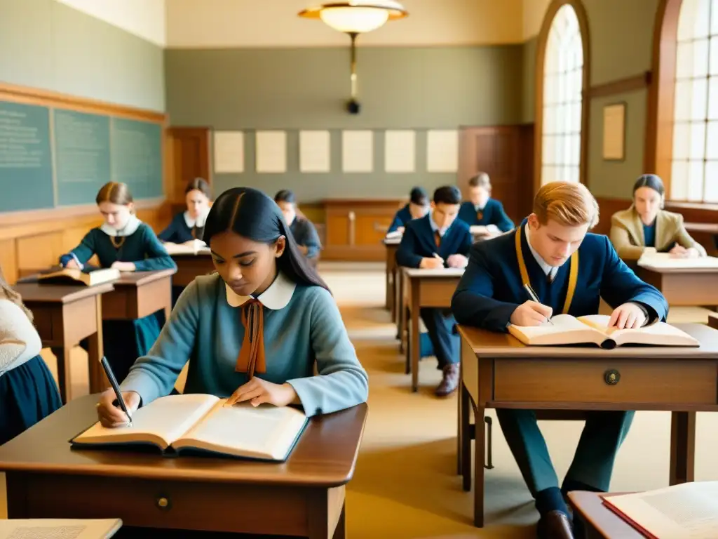 Estudiantes usando manuscritos modernos en educación en aula vintage iluminada