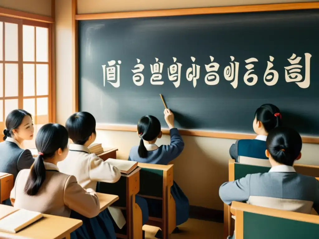 Una ilustración vintage de estudiantes aprendiendo el script Hangeul en un aula, enriqueciendo currículos educativos de coreano