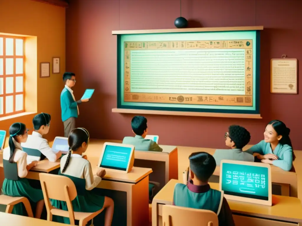 Estudiantes aprendiendo sistemas de escritura con realidad aumentada en un aula vintage, con emoción y concentración en sus rostros