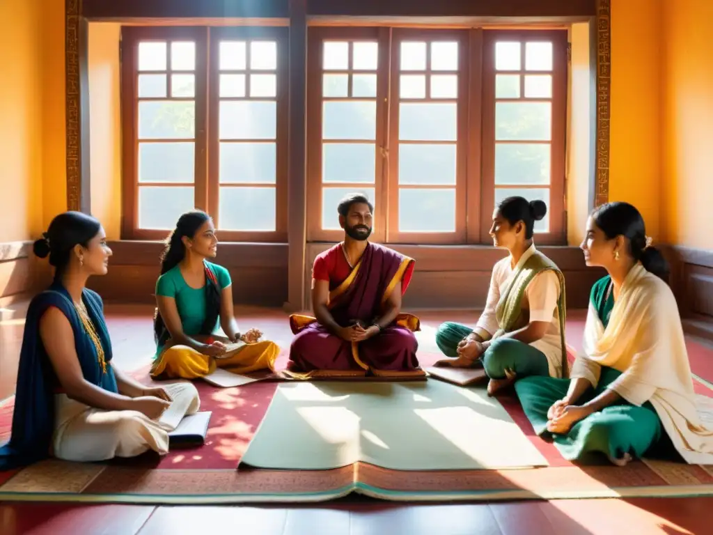 Estudiantes en taller de escritura sánscrita hindi Varanasi, rodeados de colores y sabiduría ancestral