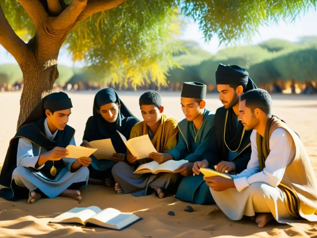 Estudiantes tuareg estudian bajo un árbol usando Tifinagh, evocando riqueza cultural y dedicación a programas de estudio escritura tuareg