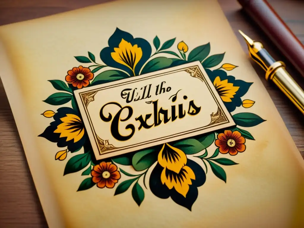 Exlibris vintage detallado con motivos florales, letras ornamentadas y una pluma y tintero, sobre pergamino envejecido