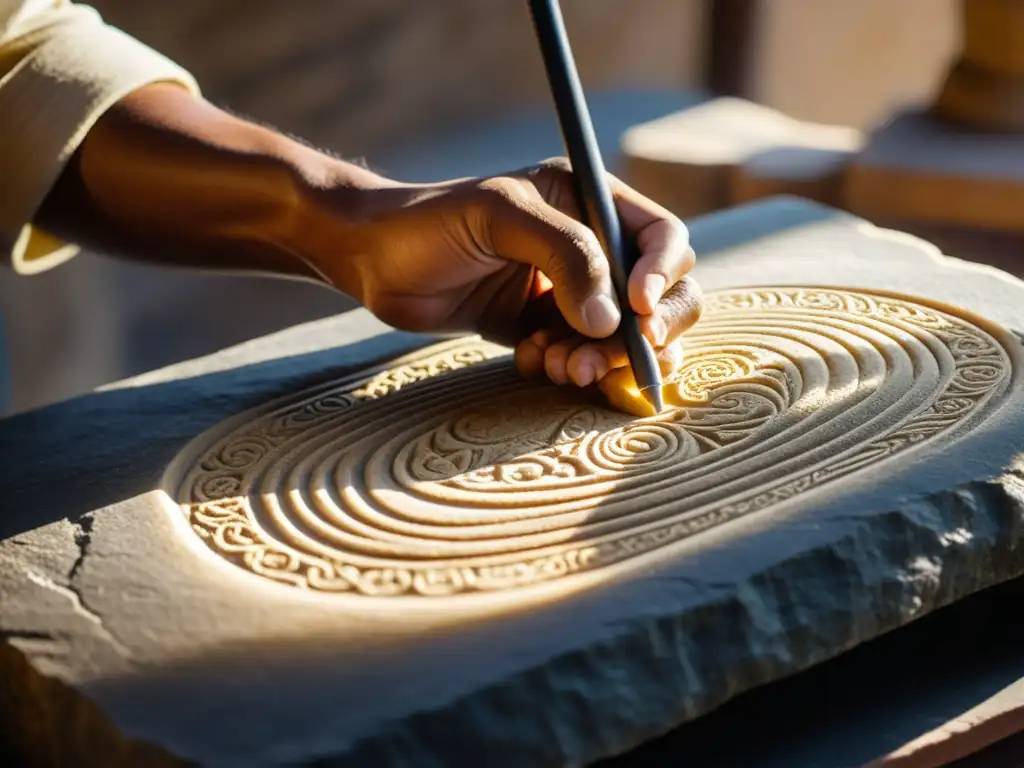 Un experto artesano talla intrincados caracteres en una antigua tablet de piedra, recreando la historia con sistemas de escritura antiguos