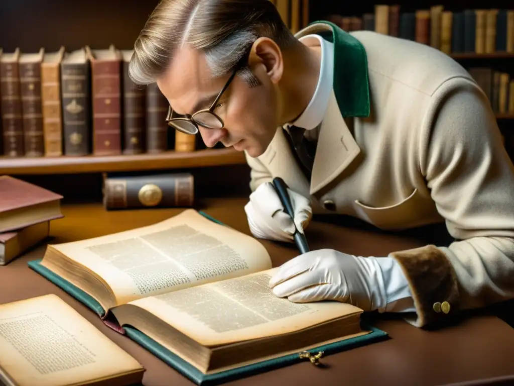 Un experto curador examina un manuscrito antiguo rodeado de libros y artefactos en tonos cálidos sepia