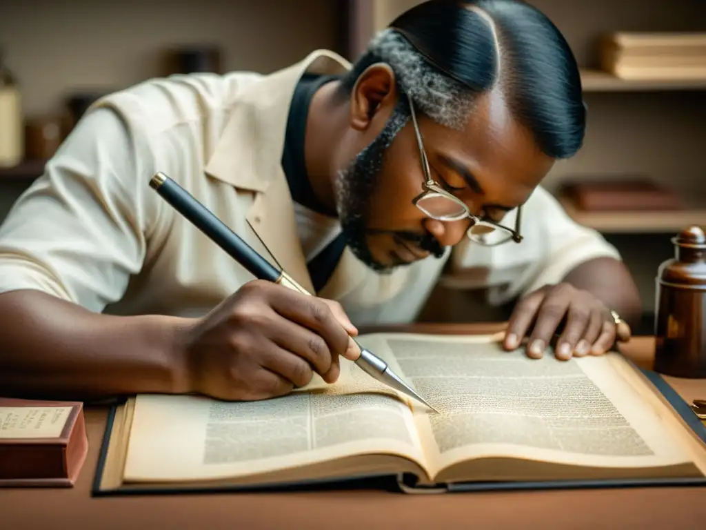 Un experto en conservación restaura con delicadeza un manuscrito moderno, evocando historia y preservación