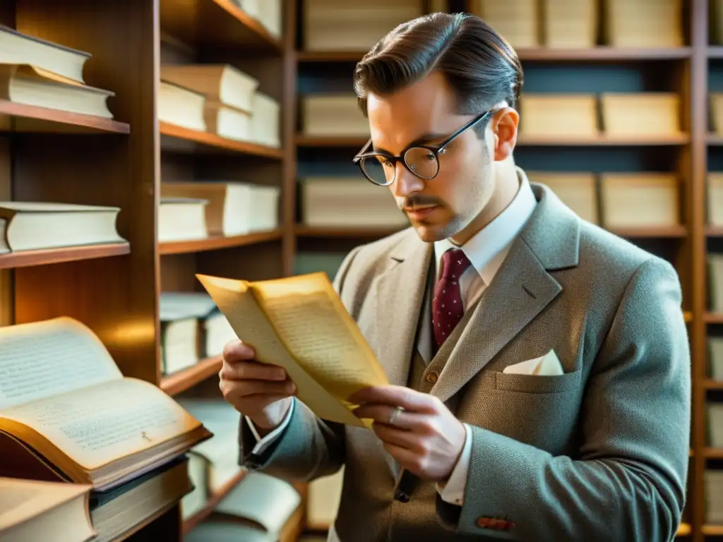 Experto en autenticación de documentos escritos analizando una carta antigua bajo lupa, rodeado de libros y documentos antiguos