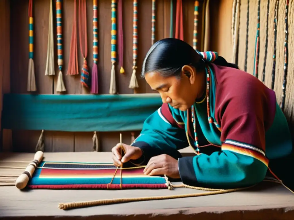 Un experto Khipukamayuq Inca ordena coloridos quipus en una cámara oscura, transmitiendo reverencia por el Desciframiento de la escritura Quipu