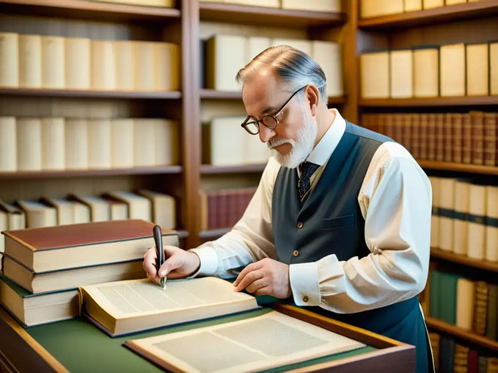 Experto en servicios autenticación textos patrimoniales examina con precisión un raro documento histórico en ambiente nostálgico y auténtico