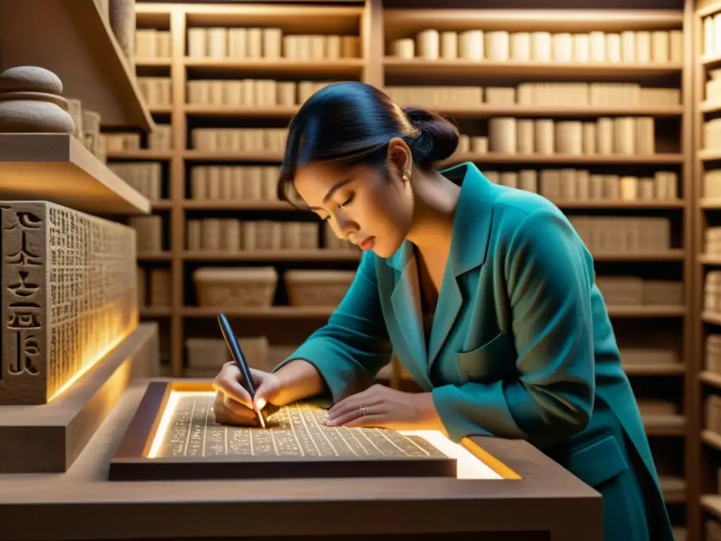 Un experto utiliza técnicas avanzadas para autenticar inscripciones antiguas, rodeado de artefactos y referencias históricas