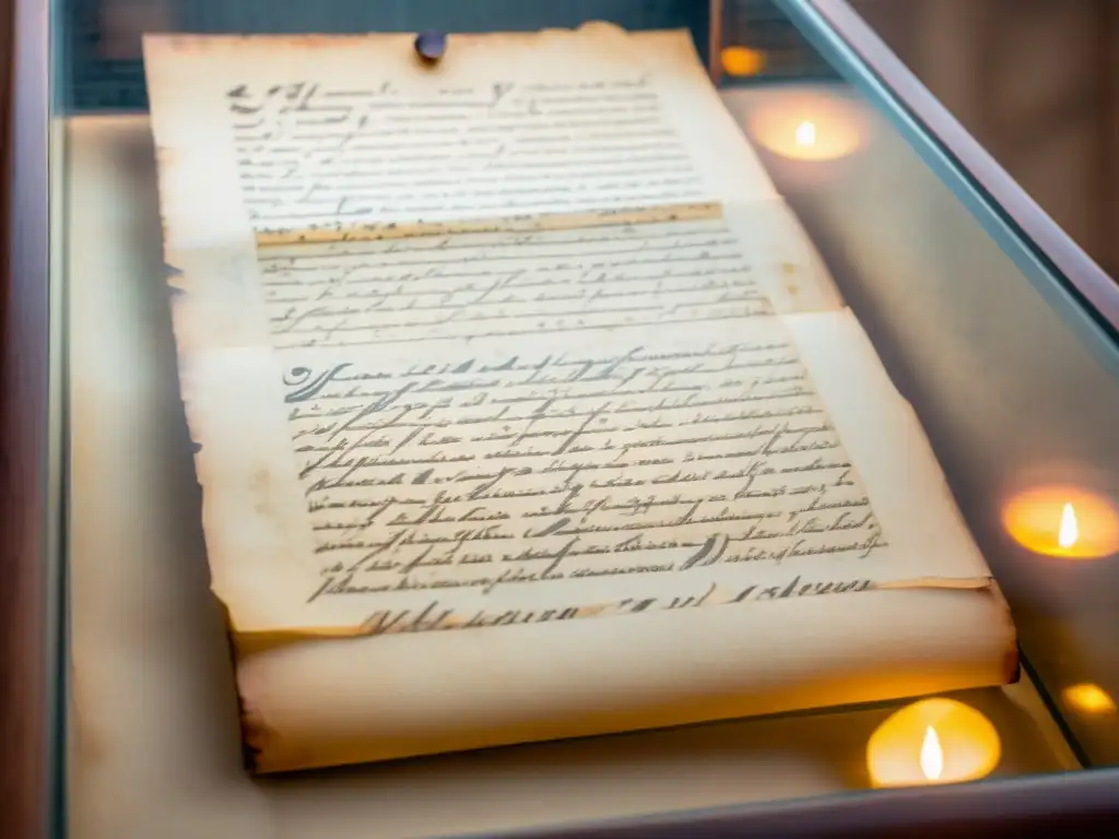 Exposiciones de escritura en culturas: Antiguo manuscrito en vidriera, iluminado con cálida luz, revela intrincada caligrafía en pergamino envejecido