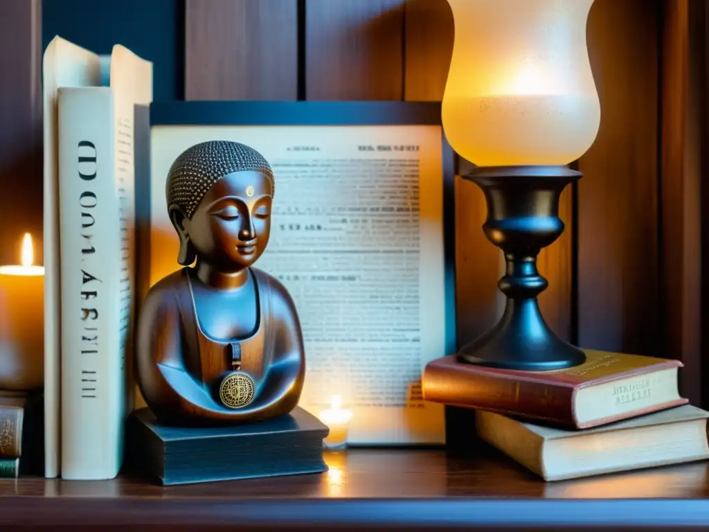 Figura de resina con escritura protoindoeuropea iluminada por velas en mesa de madera antigua