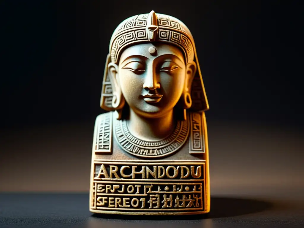 Figura de resina con escritura protoindoeuropea, detalles finos y pátina antigua en un fondo oscuro, creando una atmósfera enigmática y cautivadora