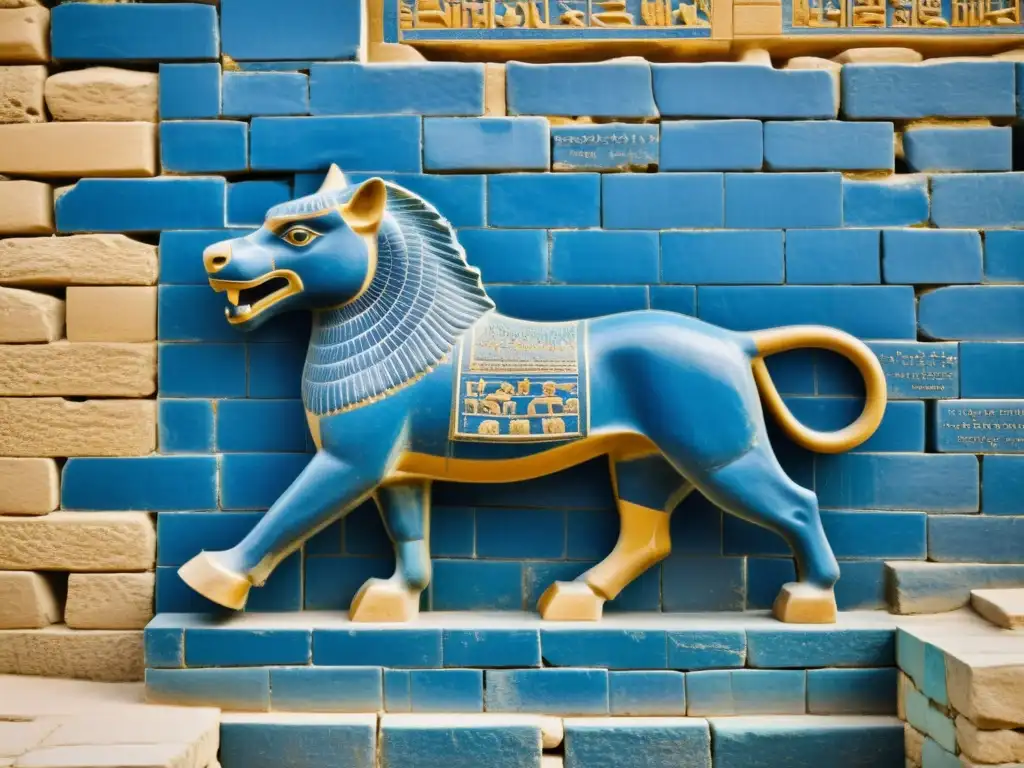 Foto vintage de la imponente Puerta de Ishtar en Babilonia, con ladrillos azules y símbolos de dragones y toros