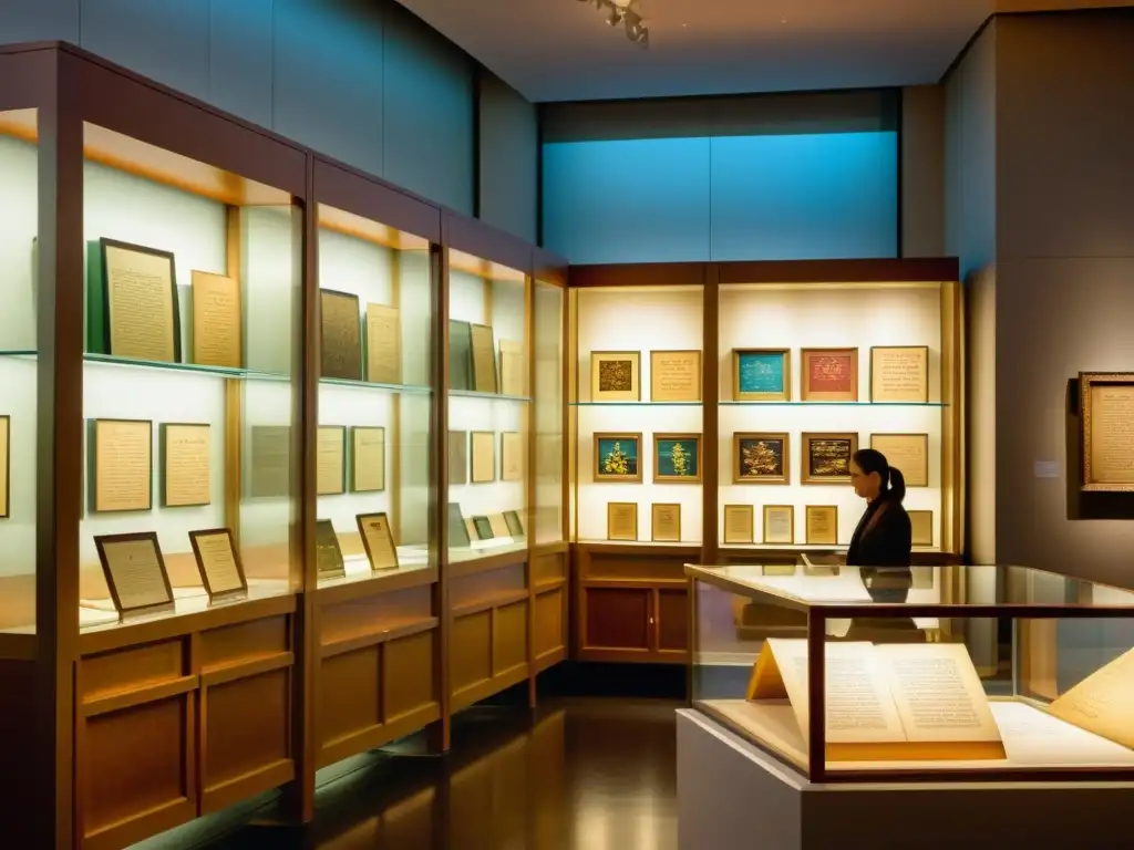 Una galería de museo con manuscritos modernos en exposiciones, iluminados en una atmósfera cálida y reverente