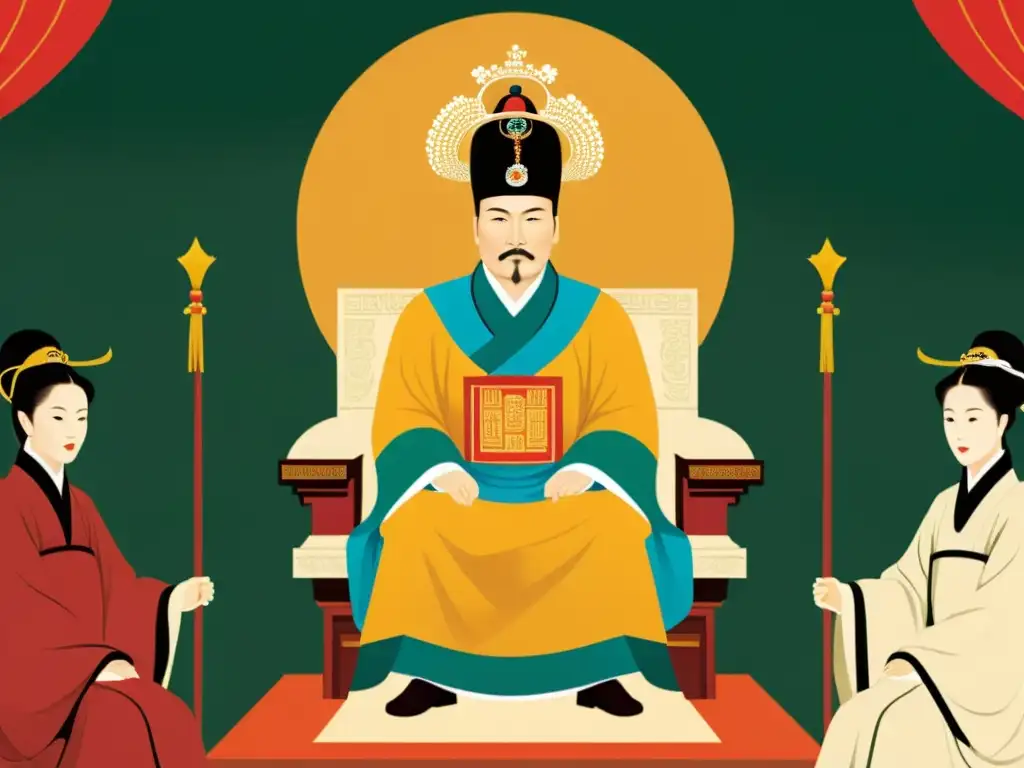 Ilustración vintage del rey Sejong el Grande en su trono, rodeado de eruditos y escribas desarrollando el Hangul