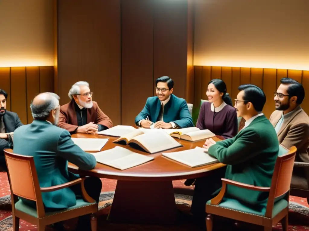 Grupo de académicos debatiendo la reforma ortográfica en cirílico moderno en una acogedora estudio vintage