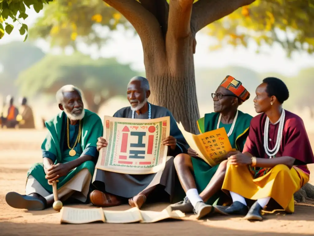 Un grupo de ancianos africanos sentados bajo la sombra de un árbol, sosteniendo símbolos y pergaminos tradicionales