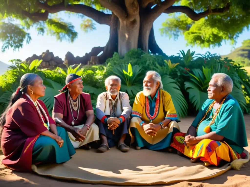 Grupo de ancianos indígenas bajo un árbol frondoso, vestidos con atuendos tradicionales y portando bastones tallados