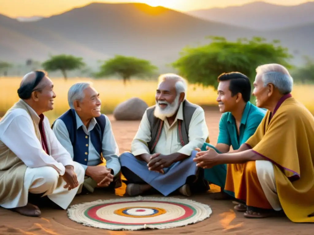 Grupo de ancianos en círculo, compartiendo historias al atardecer