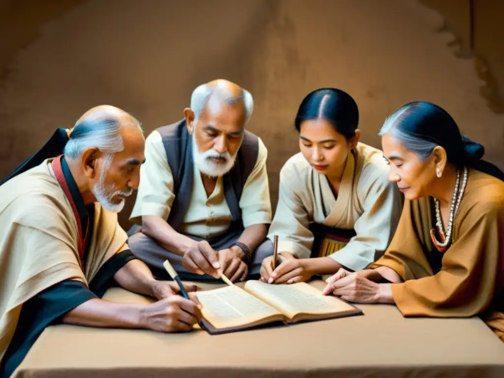 Un grupo de ancianos de una cultura minoritaria escribiendo juntos en vestimenta tradicional