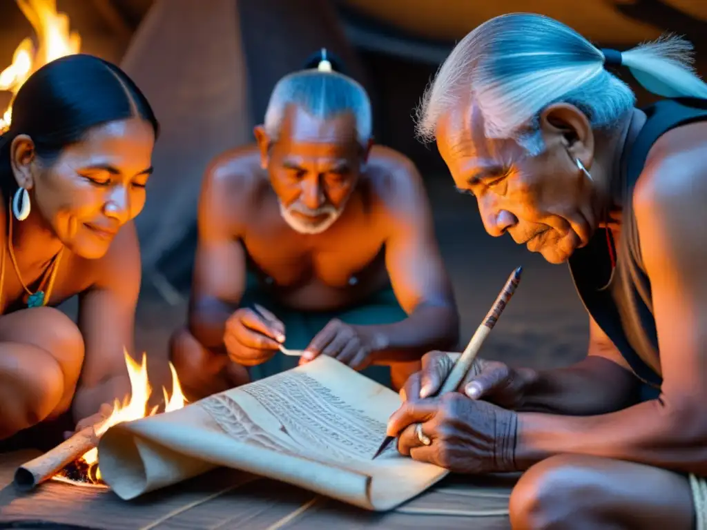 Un grupo de ancianos indígenas rodea el fuego, transcribiendo símbolos antiguos